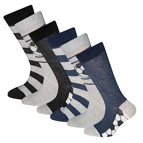 EWERS 6er-Pack Kindersocken Fussball - 6 Paar Socken für Jungen mit Fussball-Motiven, MADE IN EUROPE, Blau/Grau/Schwarz, Größe 35-38 von EWERS