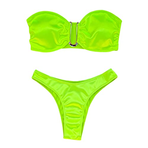 Damen Bikini Set High Waist Bandeau Badeanzug mit Abnehmbare Träger Twist Push Up Bandeau Bikini Set Streifen Gestreift Damen Pushup Badeanzug von EWFAS