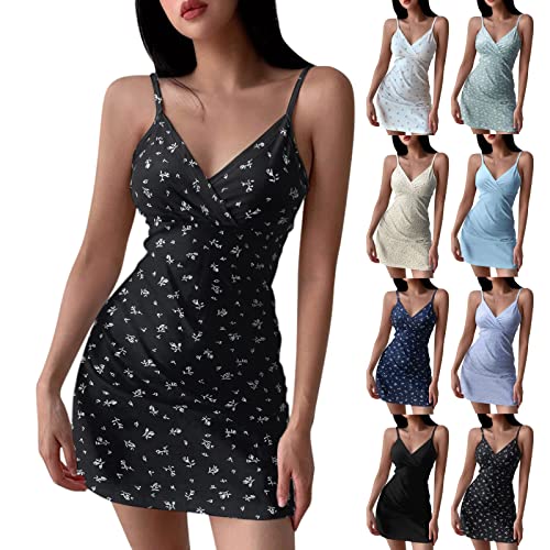 Damen Kleid Lässig Sommer V Ausschnitt Kleid Blumendruck Hohe Taille Kleider Strandkleid Sommer lässig Spaghetti Trägerkleid Swing Trägerkleid von EWFAS