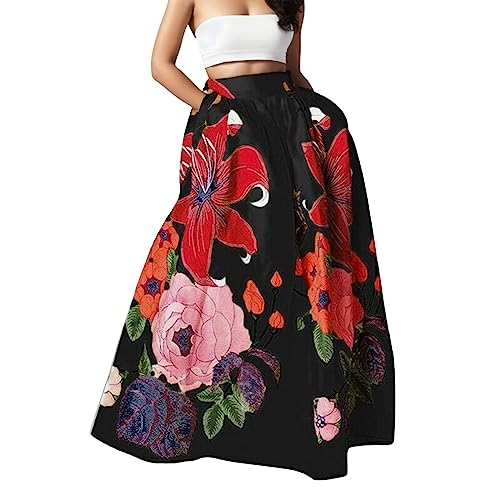 Damen Lang Blumen Hohe Elastische Taille mit Taschen und Gürtel Maxi Skirt Faltenrock Strandrock Freizeitrock Bedruckter Rock Elastisch Maxirock Damen Blumen Röcke von EWFAS