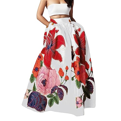 Damen Lang Blumen Hohe Elastische Taille mit Taschen und Gürtel Maxi Skirt Faltenrock Strandrock Freizeitrock Bedruckter Rock Elastisch Maxirock Damen Blumen Röcke von EWFAS