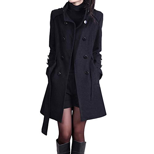 Damen Mantel Trenchcoat,Elegant Schwarz Umlegekragen Wollmantel Zweireihiger Longsleeve Große Größen Winddichter Lang Winter Einfarbige Wintermantel Verstellbare Herbst Übergangsmantel Damenmantel von EWFAS