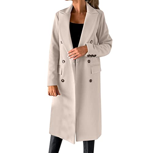 Damen Mantel Trenchcoat,Elegant Schwarz Umlegekragen Wollmantel Zweireihiger Longsleeve Große Größen Winddichter Winter Einfarbige Wintermantel Verstellbare Herbst Damenmantel Elegant Wollmantel von EWFAS