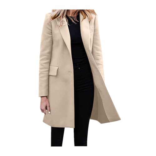 Damen Mantel Trenchcoat,Elegant Schwarz Umlegekragen Wollmantel Zweireihiger Longsleeve Große Größen Winddichter Lang Winter Verstellbare Herbst Einfarbige Wintermantel von EWFAS