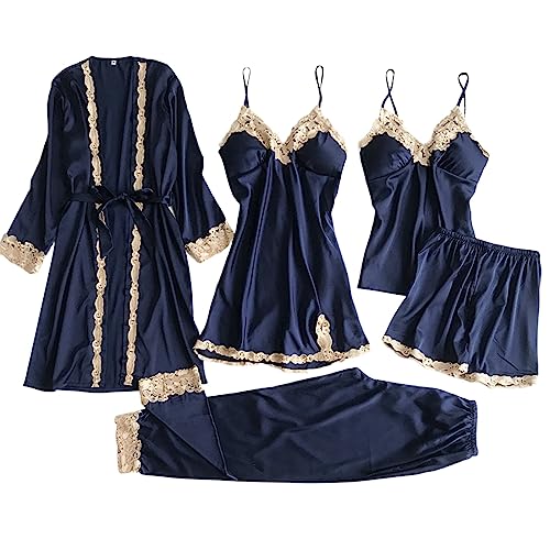 Damen Nachthemd Set Satin Schlafanzug 5PC Morgenmantel Kimono Spitze Kurz Bademantel Robe Schlafanzug Pyjama Nachtwäsche Trägerkleid Shorts und Hosen von EWFAS