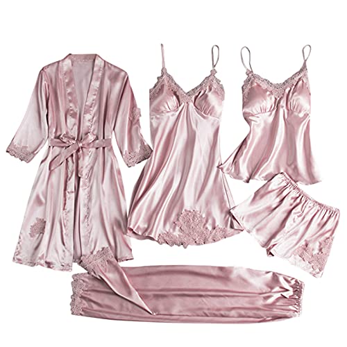 Damen Nachthemd Set Satin Schlafanzug 5PC Morgenmantel Kimono Spitze Kurz Bademantel Robe Schlafanzug Pyjama Nachtwäsche Trägerkleid Shorts und Hosen von EWFAS