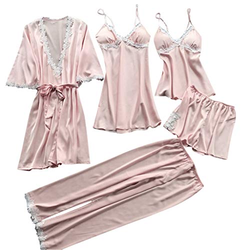 Damen Nachthemd Set Satin Schlafanzug 5PC Morgenmantel Kimono Spitze Kurz Bademantel Robe Schlafanzug Pyjama Nachtwäsche Trägerkleid Shorts und Hosen von EWFAS