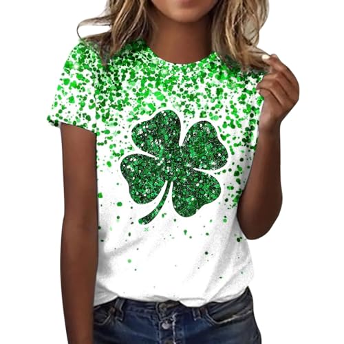 Damen St Patricks Day Grün Klee Irisch Kostüm Karneval Fasching T-Shirt mit V-Ausschnitt Bedrucktes Kurzarm-T-Shirt Weißes T Shirt Langarmshirts Pullover von EWFAS