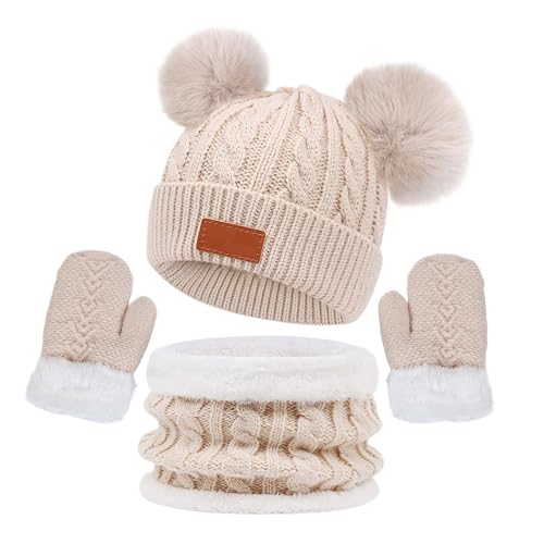 EWFAS 3in1 Kinder Wintermütze Schal Handschuhe Set, Strickmütze Babymütze Kinder Mütze Set, Jungen Warme Wintermütze Beanie Hut Handschuhe Runder Schal Set von EWFAS
