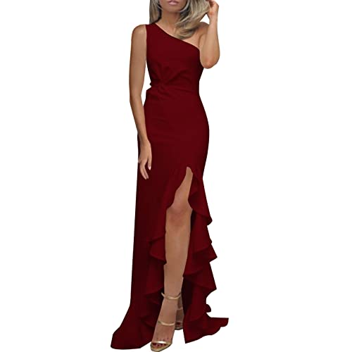 EWFAS Abendkleid Damen Mode Cocktailkleid Ärmellos Ballkleid mit Eine Schulter Farbblocknähte Lang Partykleid Bodenlang Brautjungfern Kleider Slim Fit Abiballkleid Schlitz Maxikleid Partykleid von EWFAS