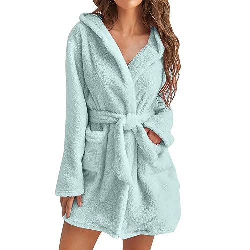 EWFAS Bademantel Damen kurz Plüsch Bademantel kurz weich warm Morgenmantel Damen leicht flauschig Bademäntel für Damen Bademantel Kapuze Mikrofaser Kuschelfleece von EWFAS