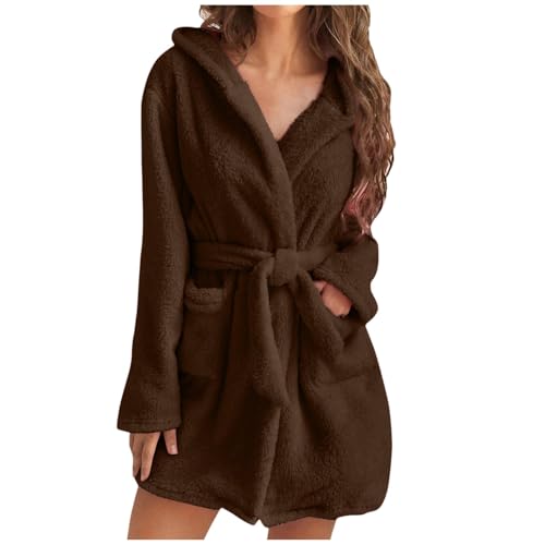 EWFAS Bademantel Damen kurz Plüsch Bademantel kurz weich warm Morgenmantel Damen leicht flauschig Bademäntel für Damen Bademantel Kapuze Mikrofaser Kuschelfleece von EWFAS