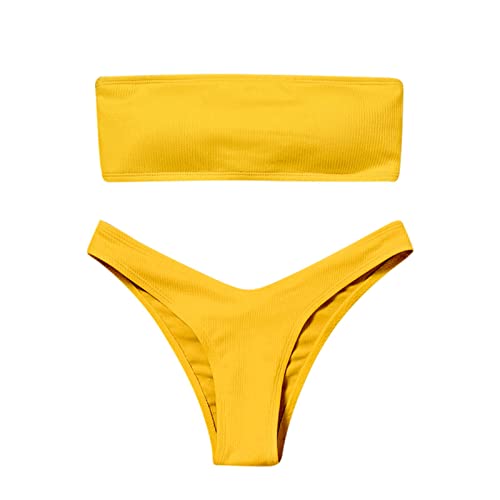 EWFAS Bandeau Bikini Damen Push Up Zweiteilige Badeanzug Bademode Bikini Set Bikini Damen Set High Waist Trägerlos Bikini Set Einfarbig Zweiteiler Badeanzug Bademode Swimsuit von EWFAS