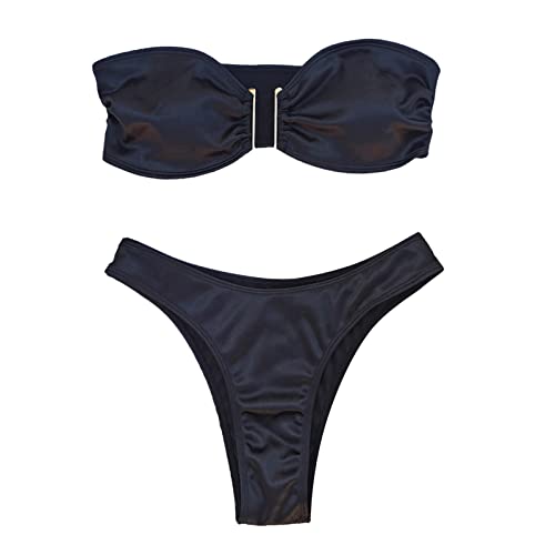 EWFAS Bandeau Bikini Damen Push Up Zweiteilige Badeanzug Bademode Bikini Set Bikini Damen Set High Waist Trägerlos Bikini Set Einfarbig Zweiteiler Badeanzug Bademode Swimsuit von EWFAS