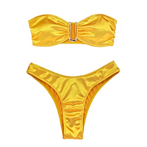 EWFAS Bandeau Bikini Damen Push Up Zweiteilige Badeanzug Bademode Bikini Set Bikini Damen Set High Waist Trägerlos Bikini Set Einfarbig Zweiteiler Badeanzug Bademode Swimsuit von EWFAS