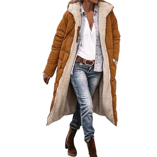 Damen Baumwollmantel, Warme Winterjacke mit Kapuze Lange Ärmel Reißverschluss mittellang Einfarbig Winddicht Oversize Casual ReißVerschluss Lang Mantel Daunenmantel Steppmantel Wintermantel von EWFAS