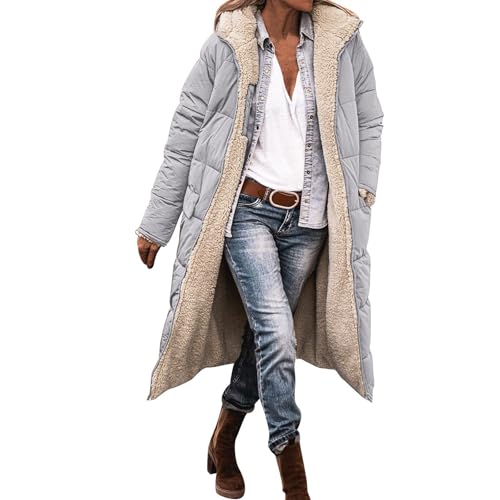 Damen Baumwollmantel, Warme Winterjacke mit Kapuze Lange Ärmel Reißverschluss mittellang Einfarbig Winddicht Oversize Casual ReißVerschluss Lang Mantel Daunenmantel Steppmantel Wintermantel von EWFAS