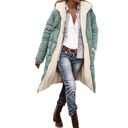 Damen Baumwollmantel, Warme Winterjacke mit Kapuze Lange Ärmel Reißverschluss mittellang Einfarbig Winddicht Oversize Casual ReißVerschluss Lang Mantel Daunenmantel Steppmantel Wintermantel von EWFAS