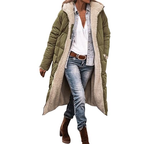 Damen Baumwollmantel, Warme Winterjacke mit Kapuze Lange Ärmel Reißverschluss mittellang Einfarbig Winddicht Oversize Casual ReißVerschluss Lang Mantel Daunenmantel Steppmantel Wintermantel von EWFAS