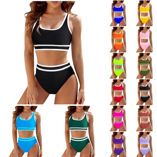 EWFAS Damen Bikini Set Bademode Zweiteiliger Badeanzug Gepolstertes Bikini-Oberteil und High Waist Bikini-Unterteile Bescheidene Badebekleidung Elastische Gerippte Bademode Weicher Sport-Schwimmanzug von EWFAS