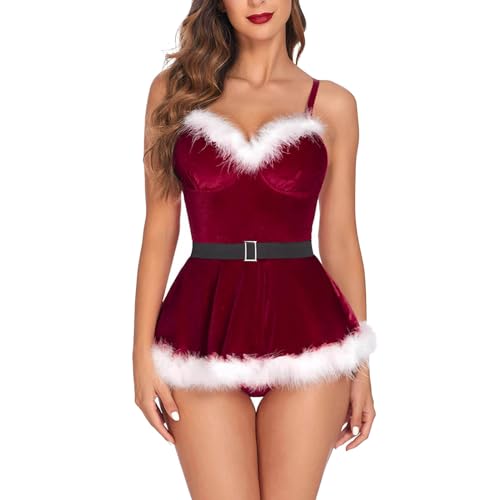 EWFAS Damen Dessous Set Weinachten Spitze Negligee Chrismas Lingerie Reizwäsche Nachtwäsche Santa Kleid Weihnachts Damen Dessous Zweiteiliges von EWFAS