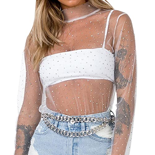 EWFAS Damen Glitzer Mesh Oberteile Y2K Netz Top mit Sterne Festival Outfit Techno Party Transparent Netzoberteil Sexy Rave Durchsichtig Langarm Bluse Glitzer Mesh Oberteile von EWFAS