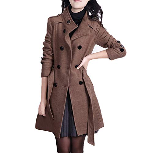 EWFAS Damen Mantel Trenchcoat,Elegant Schwarz Umlegekragen Wollmantel Zweireihiger Longsleeve Große Größen Winddichter Lang Winter Einfarbige Wintermantel Verstellbare Herbst Damenmantel von EWFAS