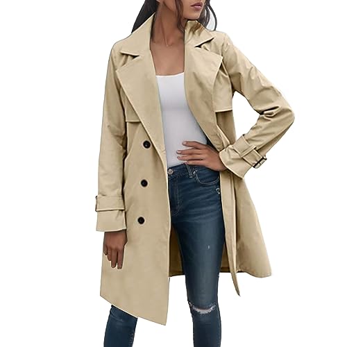 EWFAS Damen Mantel Trenchcoat,Elegant Schwarz Umlegekragen Wollmantel Zweireihiger Longsleeve Große Größen Winddichter Lang Winter Einfarbige Wintermantel Verstellbare Herbst Damenmantel von EWFAS