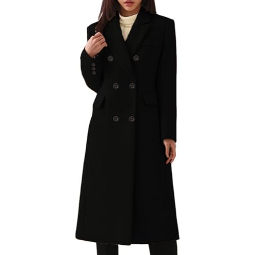 EWFAS Damen Mantel Trenchcoat,Elegant Schwarz Umlegekragen Wollmantel Zweireihiger Longsleeve Große Größen Winddichter Lang Winter Einfarbige Wintermantel Verstellbare Herbst Damenmantel von EWFAS