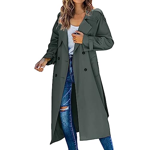 EWFAS Damen Mantel Trenchcoat,Elegant Schwarz Umlegekragen Wollmantel Zweireihiger Longsleeve Große Größen Winddichter Lang Winter Einfarbige Wintermantel Verstellbare Herbst Damenmantel von EWFAS