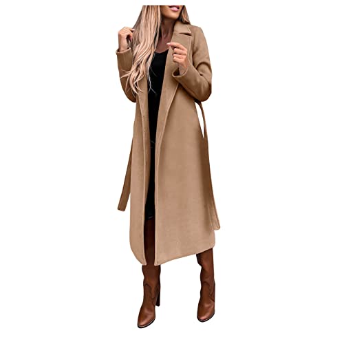 Damen Mantel Trenchcoat,Elegant Schwarz Umlegekragen Wollmantel Zweireihiger Longsleeve Große Größen Winddichter Lang Winter Einfarbige Wintermantel Verstellbare Herbst Damenmantel von EWFAS