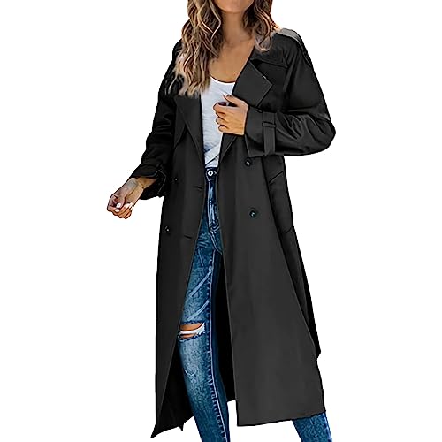 Damen Mantel Trenchcoat,Elegant Schwarz Umlegekragen Wollmantel Zweireihiger Longsleeve Große Größen Winddichter Lang Winter Einfarbige Wintermantel Verstellbare Herbst Damenmantel von EWFAS