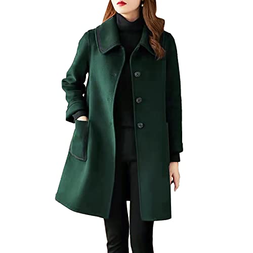 Damen Mantel Trenchcoat,Elegant Schwarz Umlegekragen Wollmantel Zweireihiger Longsleeve Große Größen Winddichter Lang Winter Einfarbige Wintermantel Verstellbare Herbst Damenmantel von EWFAS