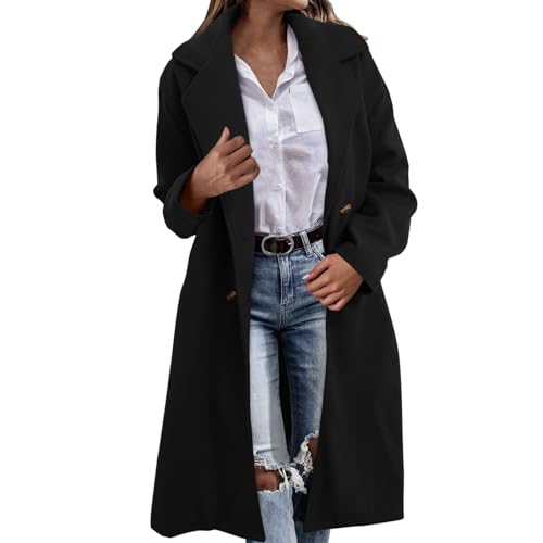 Damen Mantel Trenchcoat,Elegant Schwarz Umlegekragen Wollmantel Zweireihiger Longsleeve Große Größen Winddichter Lang Winter Einfarbige Wintermantel Verstellbare Herbst Damenmantel von EWFAS