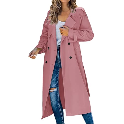 EWFAS Damen Mantel Trenchcoat,Elegant Schwarz Umlegekragen Wollmantel Zweireihiger Longsleeve Große Größen Winddichter Lang Winter Einfarbige Wintermantel von EWFAS