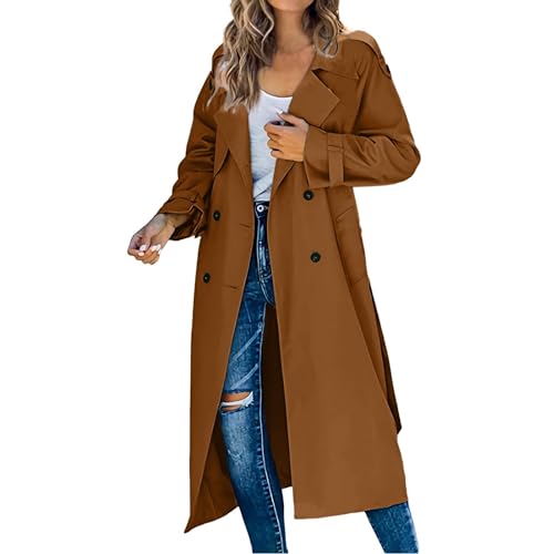 Damen Mantel Trenchcoat,Elegant Schwarz Umlegekragen Wollmantel Zweireihiger Longsleeve Große Größen Winddichter Lang Winter Einfarbige Wintermantel von EWFAS