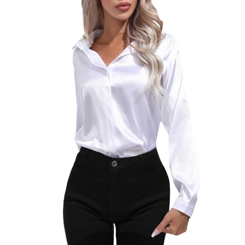 EWFAS Damen Satin Hemd Langarm Blusen Button Down Arbeitsoberteil Seidenähnliche Hemden für Damen Bürooberteile Elegant Langarm Business Oberteile Lose Langarmshirt von EWFAS