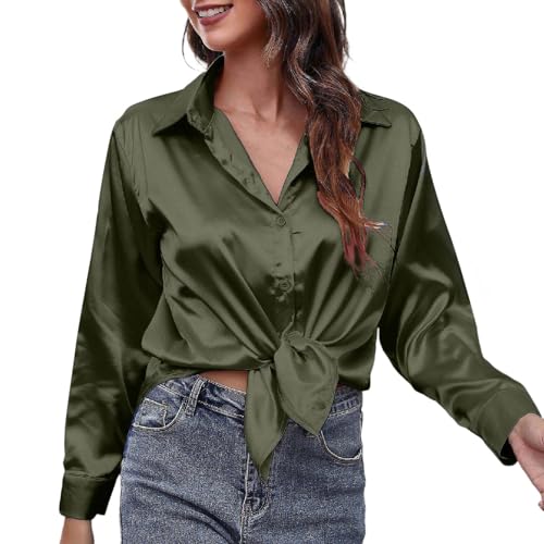 EWFAS Damen Satin Hemd Langarm Blusen Button Down Arbeitsoberteil Seidenähnliche Hemden für Damen Bürooberteile Schicke Blusen Button Down Hemd Formelle Arbeitsbluse von EWFAS
