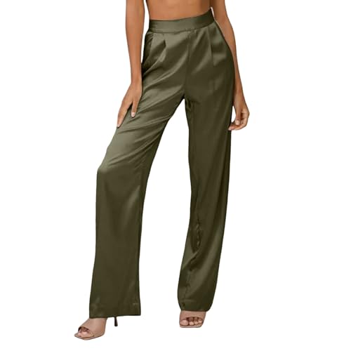 EWFAS Damen Satin Hose Lässig Plissiert Hohe Taille Hose mit Taschen Damen Satin Seidenhose Hohe Taille Weites Bein Arbeit Freizeithose Lockere Passform mit Taschen von EWFAS