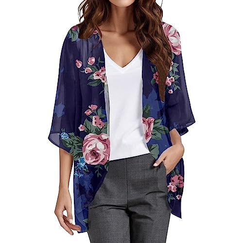 EWFAS Damen Sommer Chiffon Kimono Cardigan Leicht Casual 3/4 Ärmel Beachwear Bikini Cover Up Strickjacke Einfarbige Leichte Sommerjacke Strand Shawl Bluse Oberteil Tops Schiere lose Bluse Tops von EWFAS