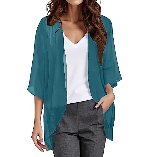 EWFAS Damen Sommer Chiffon Kimono Cardigan Leicht Casual 3/4 Ärmel Beachwear Bikini Cover Up Strickjacke Einfarbige Leichte Sommerjacke Strand Shawl Bluse Oberteil Tops Schiere lose Bluse Tops von EWFAS