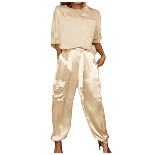 Damen Sommeranzug Elegant Glattem Satin Kurzärmelig Hemd Oberteile + Hose mit Weitem Bein Kurvig Baggy Vintage Trainingsanzug Anzug Strandanzug Hosenanzug von EWFAS