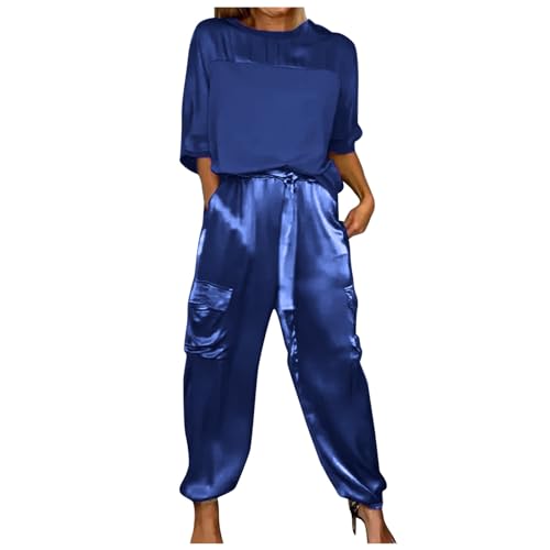 Damen Sommeranzug Elegant Glattem Satin Kurzärmelig Hemd Oberteile + Hose mit Weitem Bein Kurvig Baggy Vintage Trainingsanzug Anzug Strandanzug Hosenanzug von EWFAS