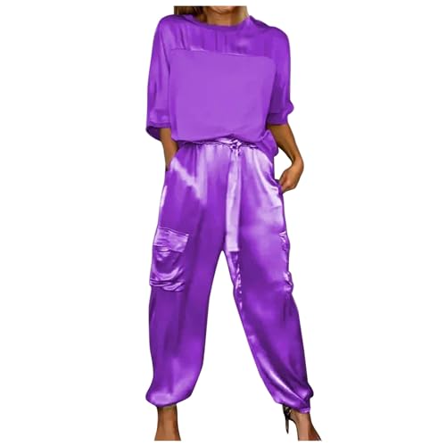 Damen Sommeranzug Elegant Glattem Satin Kurzärmelig Hemd Oberteile + Hose mit Weitem Bein Kurvig Baggy Vintage Trainingsanzug Anzug Strandanzug Hosenanzug Damen Sommeranzug Elegant Glattem Satin Kurzärmelig Hemd Oberteile + Hose mit Weitem Bein Kurvig Baggy Vintage Trainingsanzug Anzug Strandanzug Hosenanzug von EWFAS