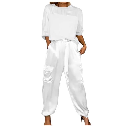 Damen Sommeranzug Elegant Glattem Satin Kurzärmelig Hemd Oberteile + Hose mit Weitem Bein Kurvig Baggy Vintage Trainingsanzug Anzug Strandanzug Hosenanzug von EWFAS