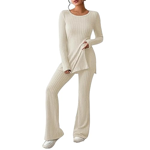 EWFAS Damen Strickanzug Freizeit Outfit Langarm Gerippt Strickpullover Lange Schlaghose Sportanzug Lounge Set von EWFAS