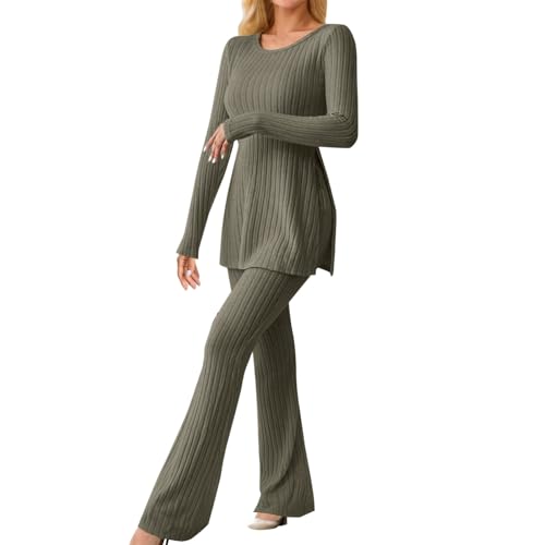 EWFAS Damen Strickanzug Freizeit Outfit Langarm Gerippt Strickpullover Lange Schlaghose Sportanzug Lounge Set von EWFAS