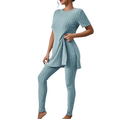 EWFAS Damen Strickanzug Freizeit Outfit Langarm Gerippt Strickpullover Lange Schlaghose Sportanzug Lounge Set von EWFAS