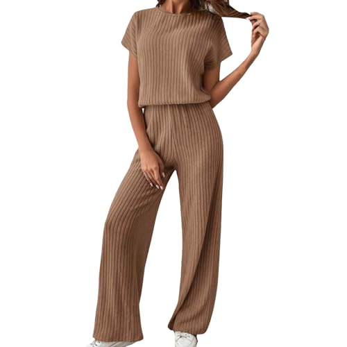 EWFAS Damen Strickanzug Freizeit Outfit Langarm Gerippt Strickpullover Lange Schlaghose Sportanzug Lounge Set von EWFAS