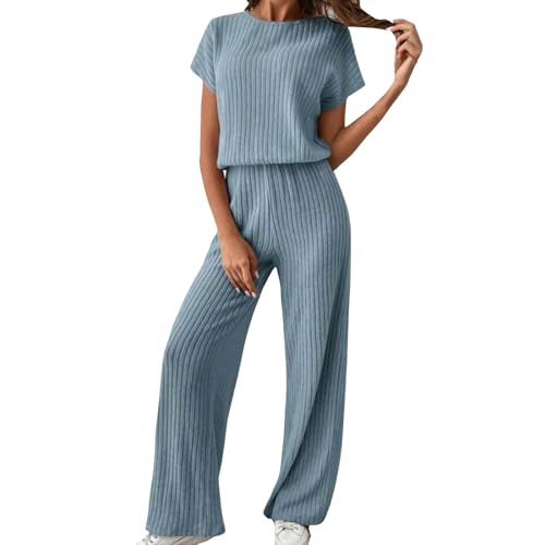 EWFAS Damen Strickanzug Freizeit Outfit Langarm Gerippt Strickpullover Lange Schlaghose Sportanzug Lounge Set von EWFAS